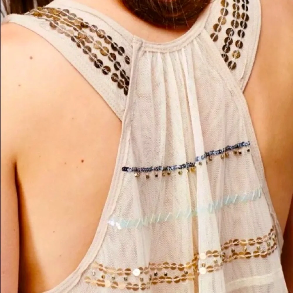 New Free People Mercury XS Ivory Gold Sheer Sequin Sleeveless Swing Racerback